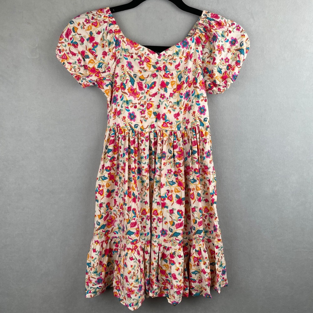 French Connection Girls Floral Cottage Puff Sleeve Smocked Tiered Mini Dress 4/5